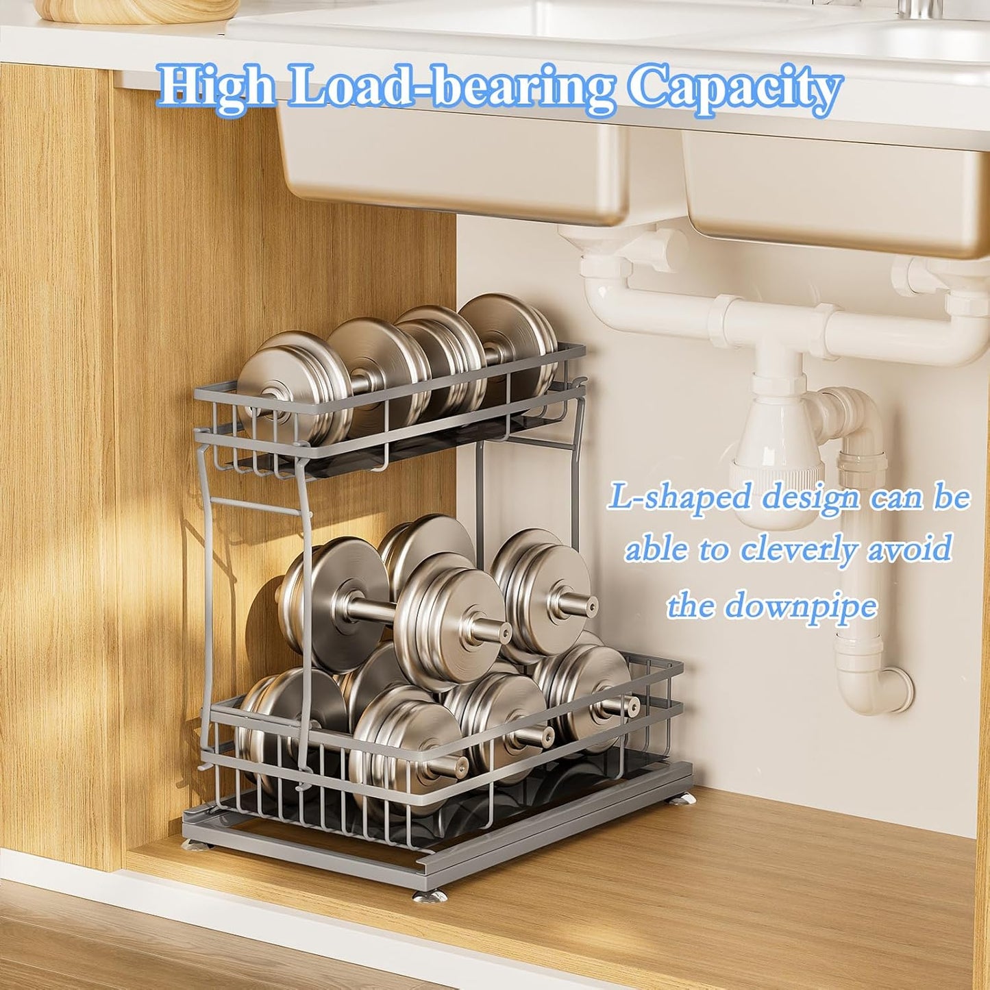 2 Pack Under Sink Organizers and Storage, 2 Tier Pull Out Cabinet Organizer, Metal Sliding Drawer Storage for Kitchen Bathroom,Gray