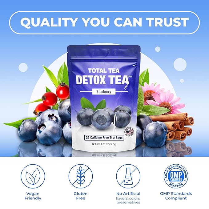 Total Tea SIimming Detox Tea Caffeine Free - 25 Day Detox - Herbal Tea with Chamomile, Hibiscus Tea & Ginger Root for Colon Cleanse – Natural Bluebberry Herbal Tea