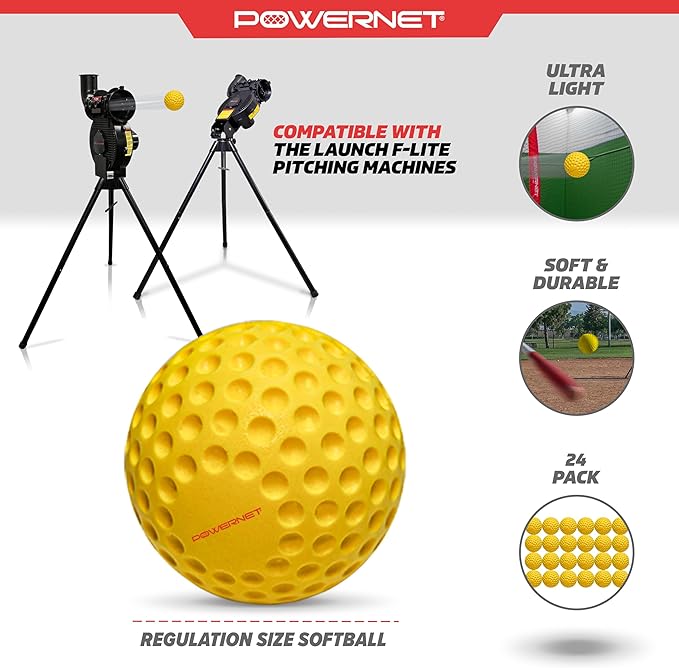 PowerNet Launch F-lite Softball & Baseball Pitching Machine, Dimpled Practice Balls, Bucket of Baseballs, Coaching Bucket Bundle for Pitching Machine, Baseball Training Equipment