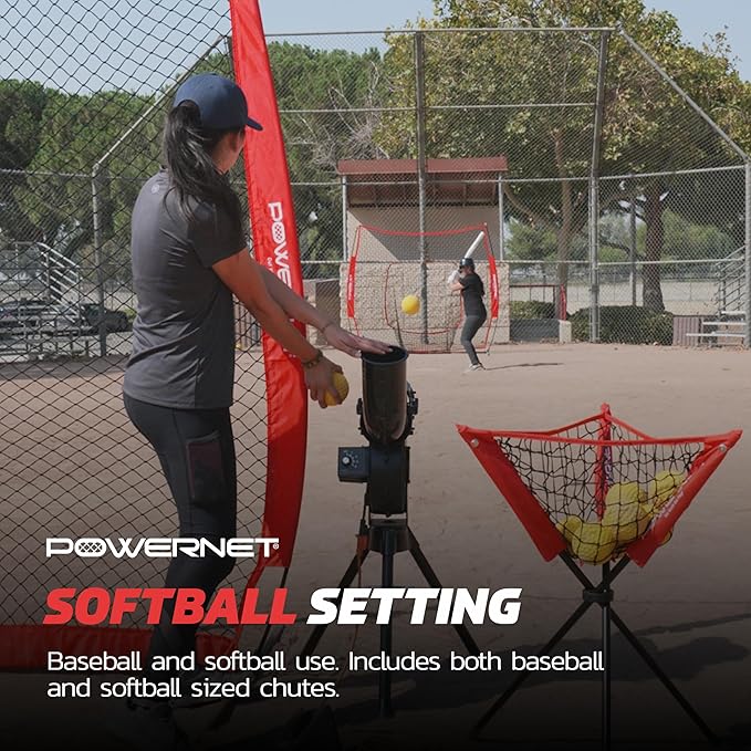 PowerNet Launch F-lite Softball & Baseball Pitching Machine, Dimpled Practice Balls, Bucket of Baseballs, Coaching Bucket Bundle for Pitching Machine, Baseball Training Equipment