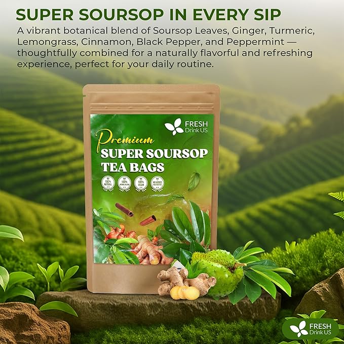 FreshDrinkUS, Super Soursop Herbal Tea ā 60 Tea Bags | Soursop, Ginger, Turmeric, Lemongrass, Cinnamon, Black Pepper & Peppermint | Caffeine-Free, Natural Flavor, Plant-Based Blend | Sugar-Free