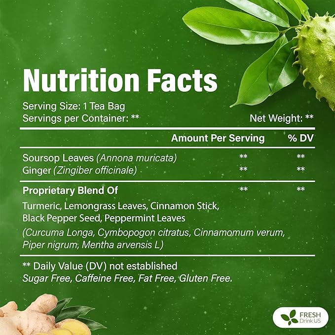 FreshDrinkUS, Super Soursop Herbal Tea ā 60 Tea Bags | Soursop, Ginger, Turmeric, Lemongrass, Cinnamon, Black Pepper & Peppermint | Caffeine-Free, Natural Flavor, Plant-Based Blend | Sugar-Free