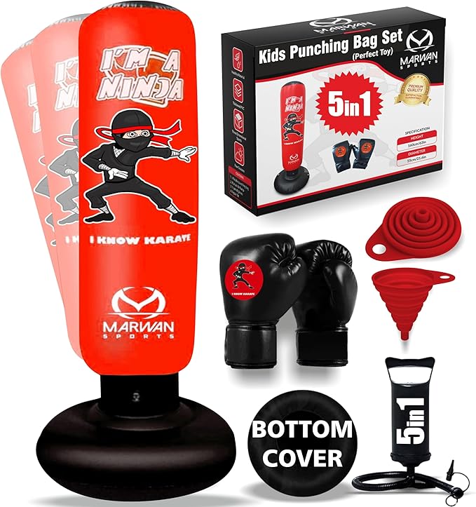 Durable Inflatable Kids Punching Bag for Karate and Boxing โ Bounce-Back Martial Arts Bag for Boys and Girls, Great Birthday Gift to Relieve Energy and Build Skills for Boys Ages 4-12