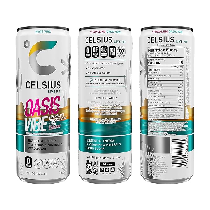CELSIUS OASIS VIBE Sparkling Prickly Pear Lime, Sugar Free Energy Drink, 12 Fl Oz (Pack of 12)