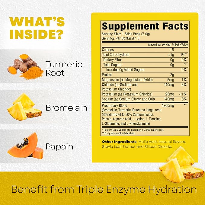 Bala Enzyme Hydration & Sugar-Free Drink Mix - Turmeric, Bromelain, Papain, Immunity, Mobility - Pineapple 0.25oz (10 Count)