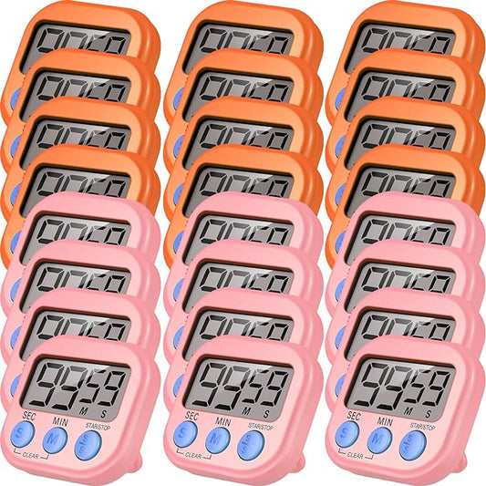 24 Pieces Digital Kitchen Timer Magnetic Timers for Classroom Bulk On/Off Switch Minute Second Count up Countdown Big LCD Display Loud Alarm for Exercise Cook Baking Teacher Kids(Pink, Orange)