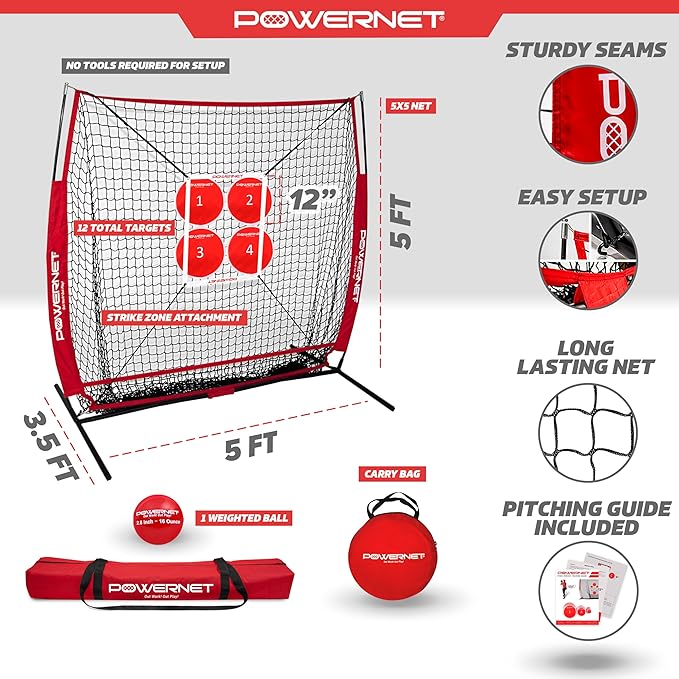 PowerNet Pitching Bundle, Baseball Net with Pitch Perfect Targets & Strike Zone Attachment, Weighted Ball, Softball Baseball Training Equipment to Increase Pitching Accuracy, 3 Net Sizes