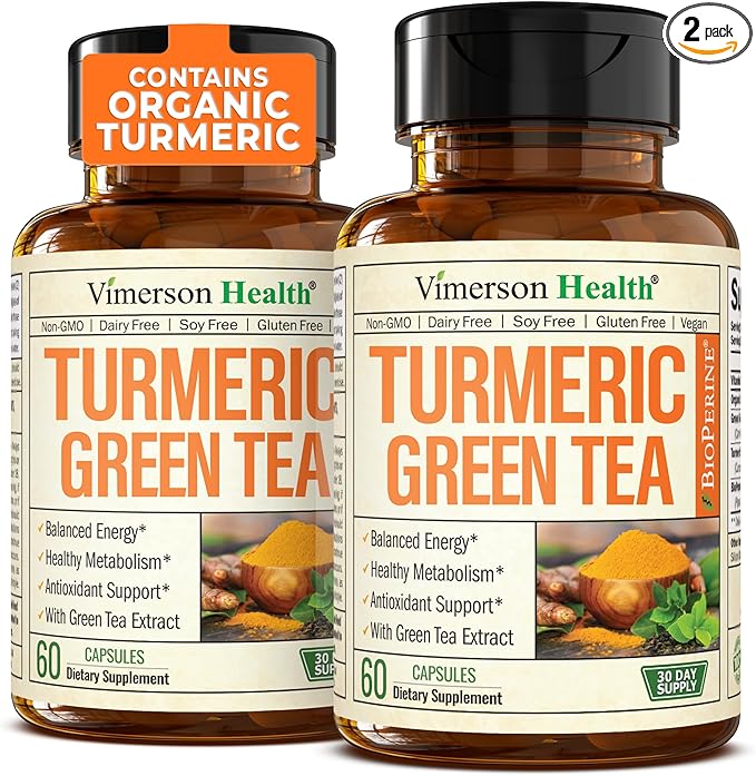 Turmeric Supplement & Green Tea Extract Capsules. Green Tea Supplement with Organic Turmeric Curcumin with Black Pepper & Vitamin C for Joint Health, Antioxidant Support & Healthy Metabolism. 2 Pack