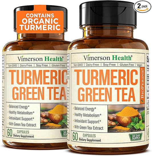 Turmeric Supplement & Green Tea Extract Capsules. Green Tea Supplement with Organic Turmeric Curcumin with Black Pepper & Vitamin C for Joint Health, Antioxidant Support & Healthy Metabolism. 2 Pack