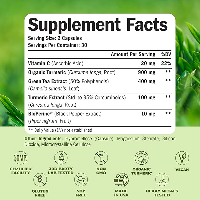 Turmeric Supplement & Green Tea Extract Capsules. Green Tea Supplement with Organic Turmeric Curcumin with Black Pepper & Vitamin C for Joint Health, Antioxidant Support & Healthy Metabolism. 2 Pack