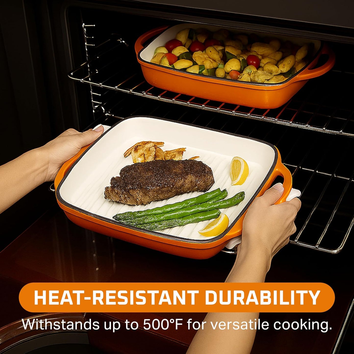 Bruntmor 2-in-1 Square Pumpkin Spice Cast Iron Dutch Oven With Handles, Enamel All-in-One Cookware Set, Braising Pan For Casserole Dish, Crock Pot Covered Cast Iron Skillet