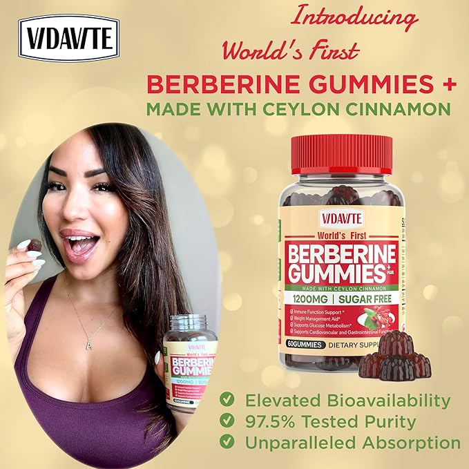 Berberine with Ceylon Cinnamon Gummies — Sugar-free, 98% Pure & 10x Absorption — 1200mg HCL Organic Berberine Supplement for Weight Management, Immunity, Metabolic & Digestive Health(30 Days)