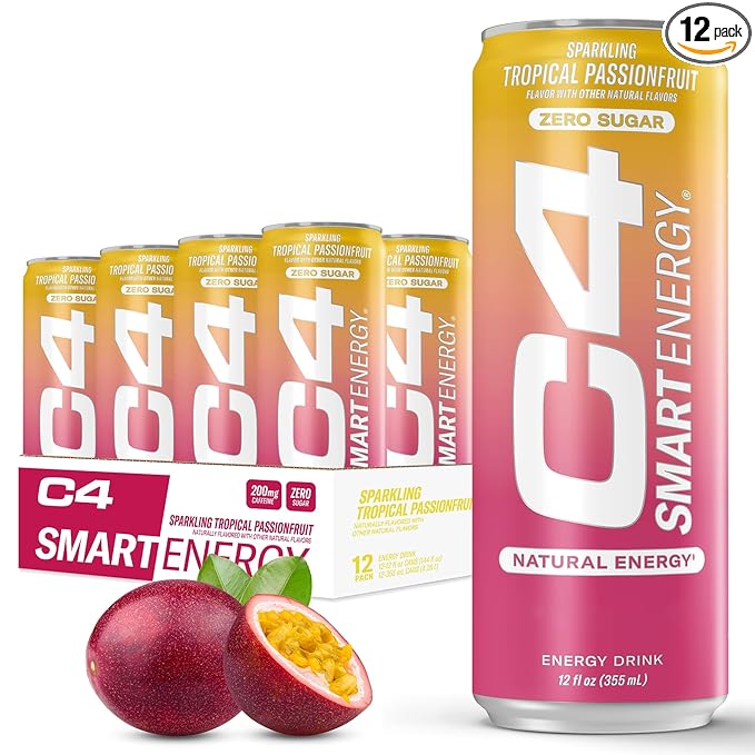 Cellucor C4 Smart Energy Drink - Sugar Free Performance Fuel & Nootropic Brain Booster, Coffee Substitute or Alternative | Tropical Passionfruit 12 Oz - 12 Pack