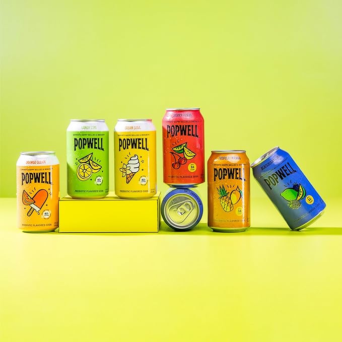 Popwell Lemon Lime Caffeinated Better-For-You Prebiotic Soda, with 6g Fiber, 1g Sugar, Vitamins and Immunity Support, 12 fl oz Cans (pack of 12)