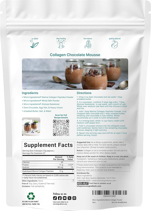 Micro Ingredients Marine Collagen Peptides Powder, 1 lb | Type I Marine Collagen + Natural Protein | Wild-Caught Fish Source | Unflavored | Supports Hair, Skin & Joint Health | Pescatarian, Non-GMO