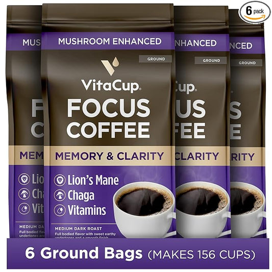 VitaCup Focus Mushroom Coffee Grounds, with Lions Mane, Chaga, B Vitamins, D3, Boost Focus, Immunity, Memory & Clarity, Medium Dark Roast, Bold & Smooth 100% Arabica Specialty, 6 bags, 10oz each