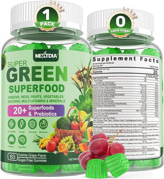 Super Greens Gummies, Greens Superfood Powder Alternative w/Spirulina, Chlorella, Prebiotic Fiber, Probiotic, Fruit Veggie, Daily Greens Vegetable for Digestive & Gut Health, Immunity, Focus, 60 Cts
