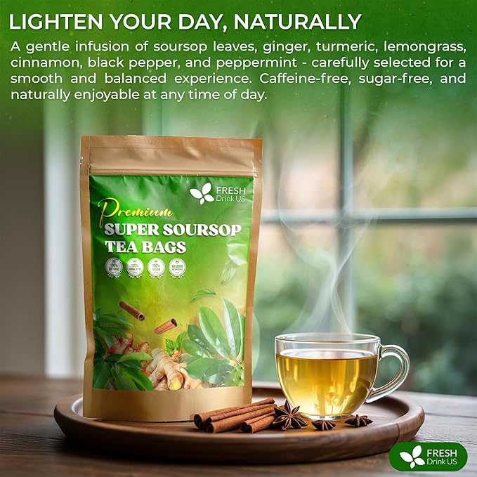 FreshDrinkUS, Super Soursop Herbal Tea ā 40 Tea Bags | Soursop, Ginger, Turmeric, Lemongrass, Cinnamon, Black Pepper & Peppermint | Caffeine-Free, Natural Flavor, Plant-Based Blend | Sugar-Free