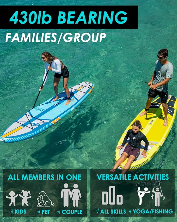 MOUSA 10‘8/11'×35" Extra Wide Inflatable Stand Up Paddle Board, Stable Paddleboard SUP for 2 People/Family, Anti-Slip Full EVA Deck, 3 Handles, 100L Backpack, All-Round Sup Board, Big Fin