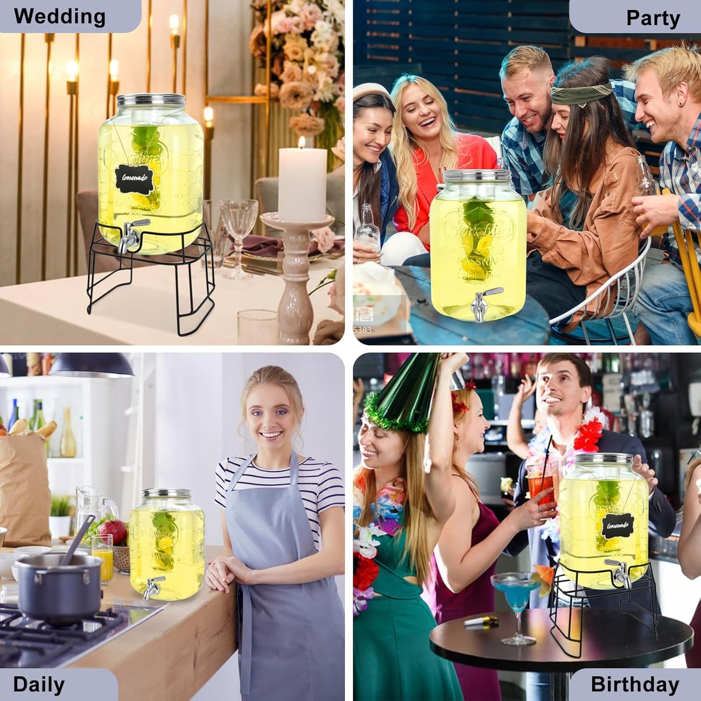 2 Gallon Glass Drink Dispensers For Parties,Beverage Dispensers With Stand And 100% Leakproof Stainless Steel Spigot.Glass Water Jug Dispenser,Lemonade Dispenser,Mason Jar.