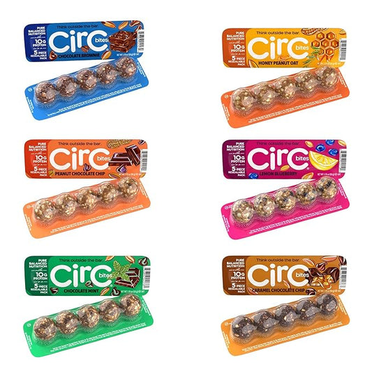 CirC Energy Bites - New Variety 12 Pack Gluten Free Protein Balls - 10g Protein, Whole Grains, Nuts & Fruit - Portable Healthy Snacks for Adults & Kids, 5 Piece Resealable Packs