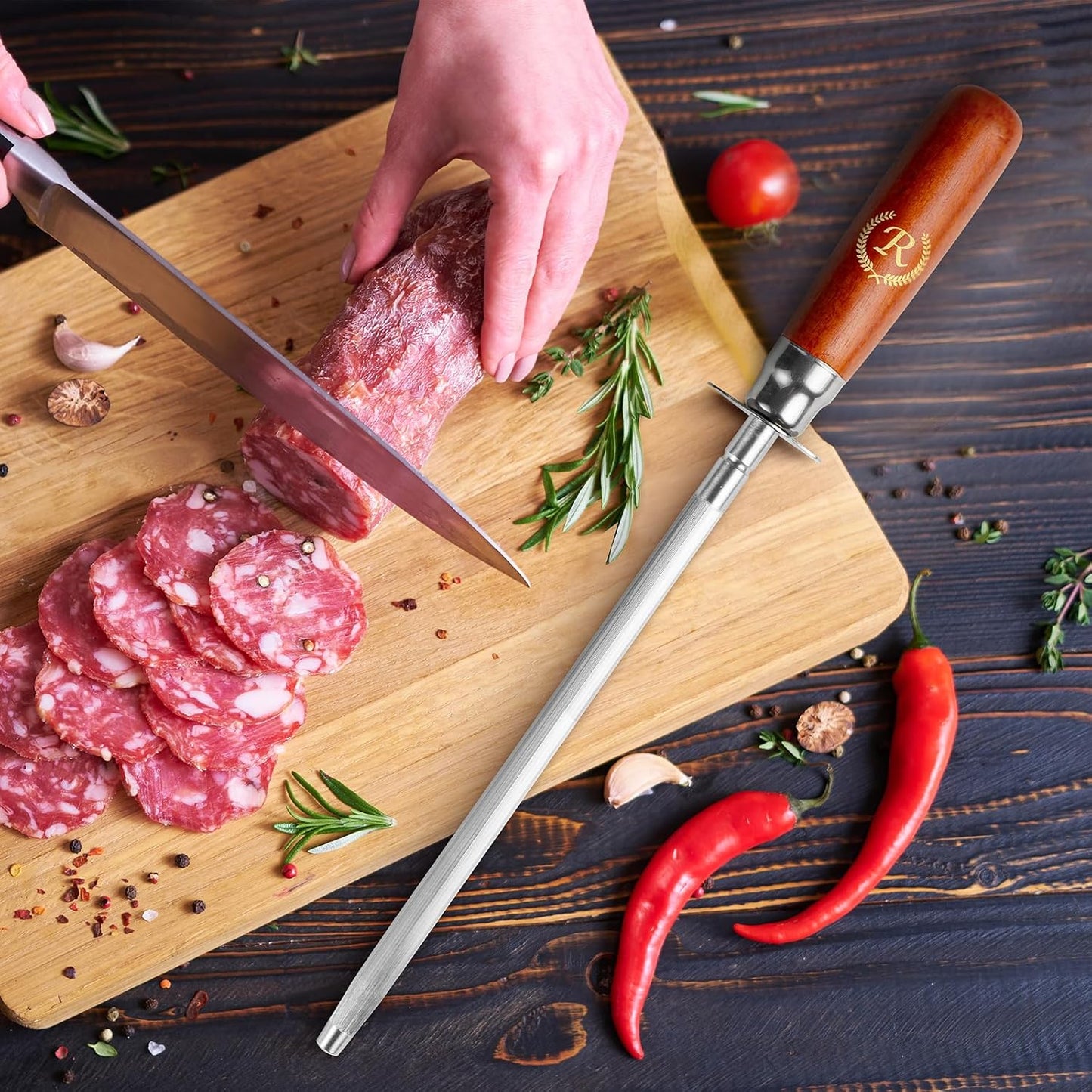 Knife Sharpener Rod, Kitchen Knives Sharpener Carbon Steel Professional Knife Sharpening Steel, Honing Rod with Hanging Holes (13 inches), R