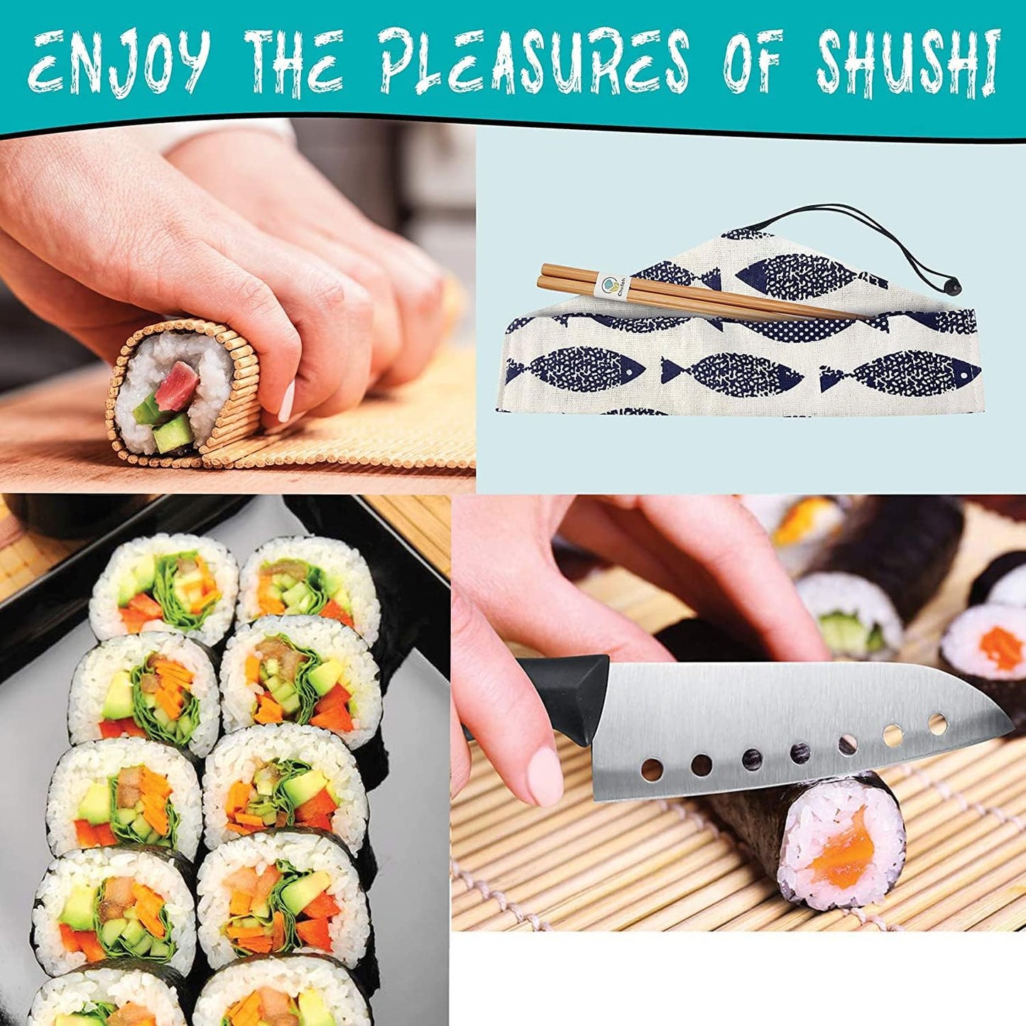Sushi Making Kit For Beginners - 22 Piece DIY Sushi Roller Kit with Bamboo Sushi Rolling Mat, Sushi Bazooka, Chef's Knife, Chopsticks, Holder - Best Starter Sushi Kit (Pink)