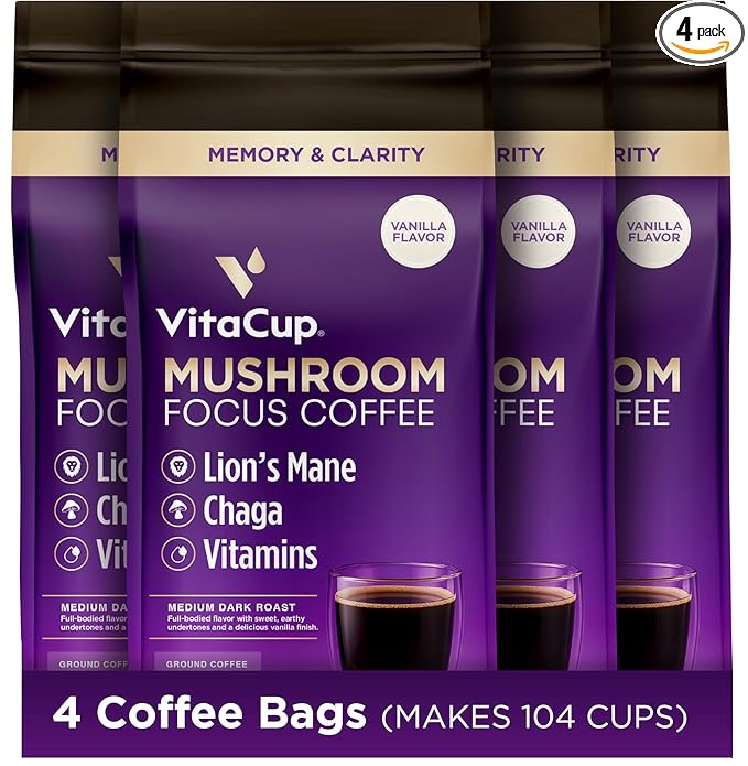VitaCup Focus Mushroom Coffee Grounds, Vanilla Flavored Coffee with Lions Mane, Chaga, B Vitamins, D3, Boost Focus, Immunity, Memory & Clarity, Medium Dark Roast, 100% Arabica Specialty, 4 bags, 10oz each