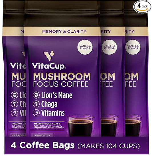 VitaCup Focus Mushroom Coffee Grounds, Vanilla Flavored Coffee with Lions Mane, Chaga, B Vitamins, D3, Boost Focus, Immunity, Memory & Clarity, Medium Dark Roast, 100% Arabica Specialty, 4 bags, 10oz each