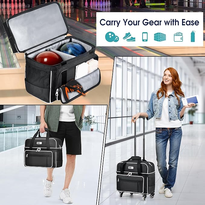 CAB55 2 Ball Bowling Bag with 4 Wheels, Double Bowling Ball Bag with Separate Shoe Compartment, (Up To US Men Size 16), and Multiple Multifunctional Accessory Pockets