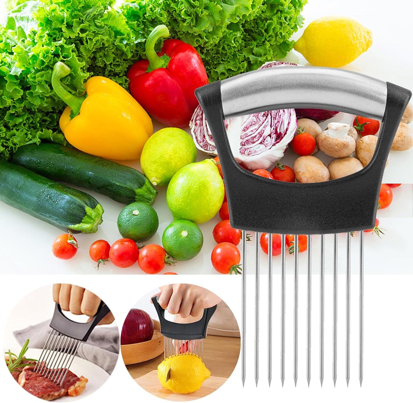 JAYVAR Onion Holder for Slicing, Onion Cutter Vegetable Chopper, Stainless Steel Tomato Slicer Vegetable Cutter for Potato, Avocados, Eggs, Food Slicer Assistant Tool for Fruit Lemon and Meat