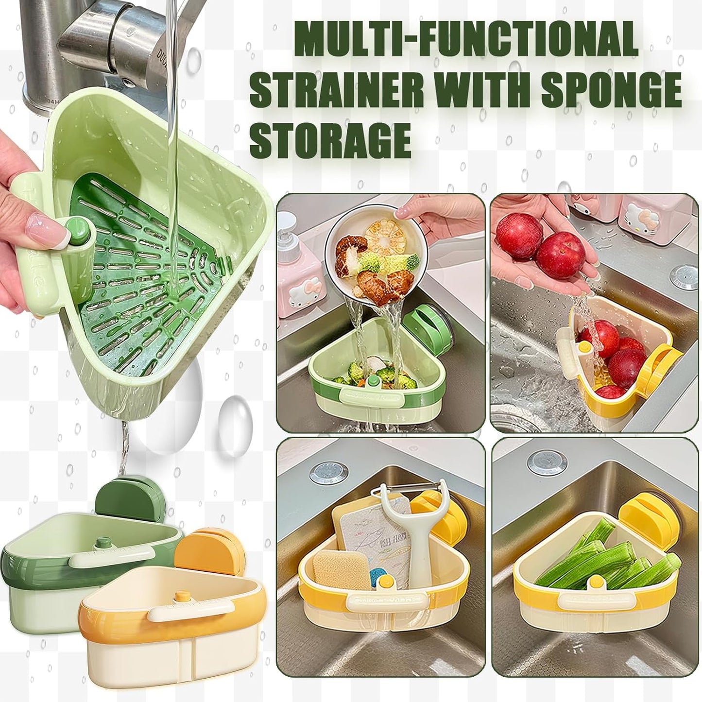 2PCS Suction Cup Sink Corner Racks, Corner Sink Strainer, Sink Corner Rack Strainer with Automatic Press-To-Dump Design, Sink Strainer Basket with Duty Dish Sponge, Multifunctional Food Waste Catcher.