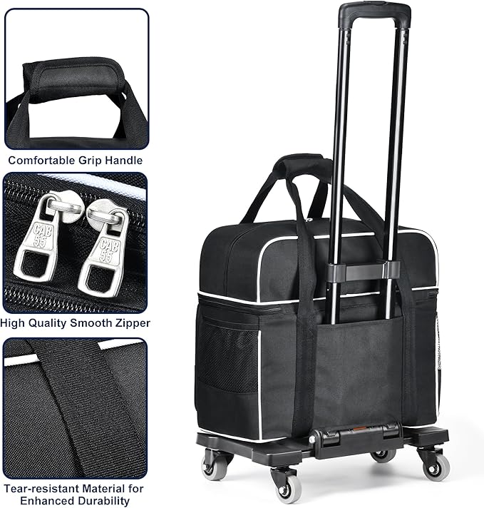 CAB55 2 Ball Bowling Bag with 4 Wheels, Double Bowling Ball Bag with Separate Shoe Compartment, (Up To US Men Size 16), and Multiple Multifunctional Accessory Pockets