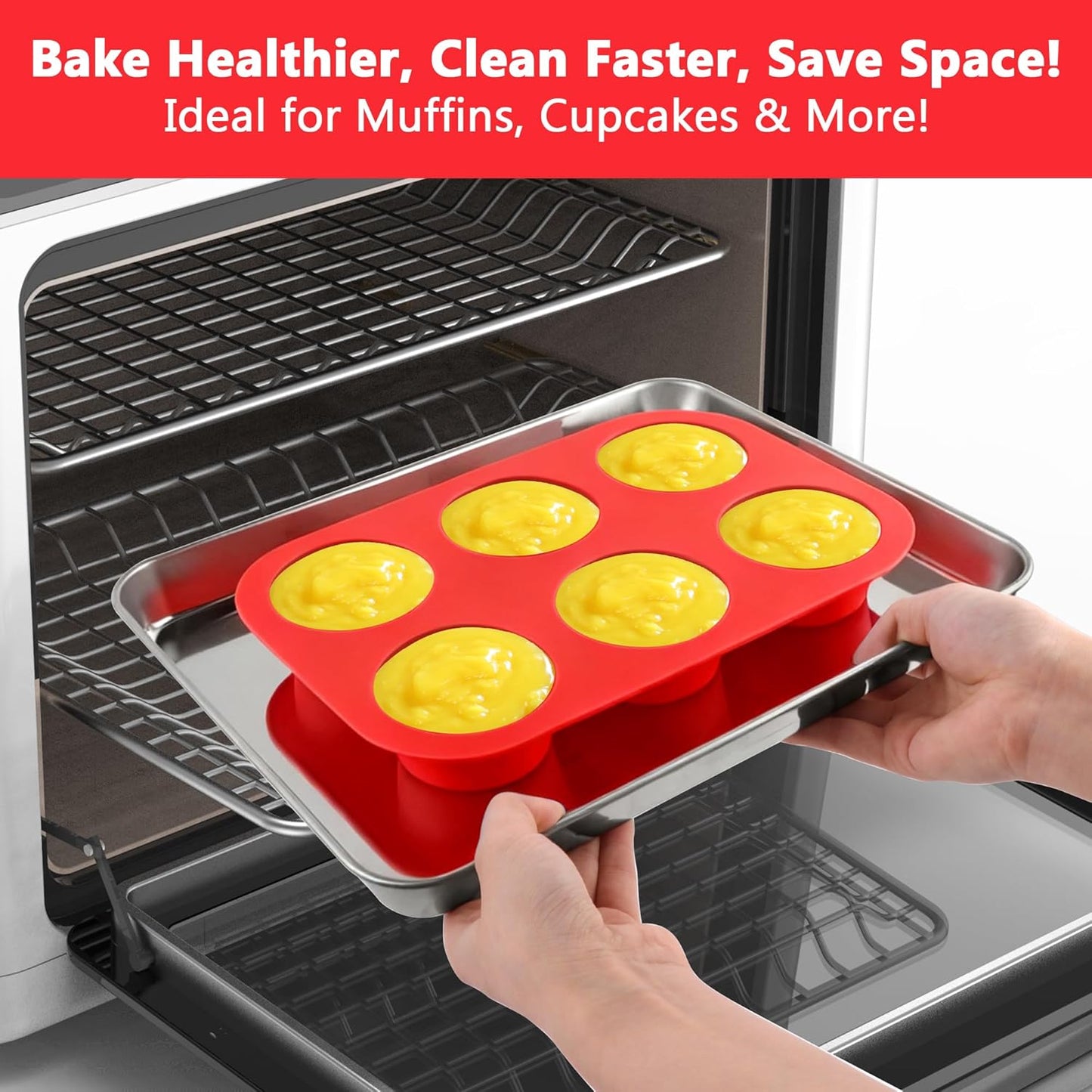 3-Pack 6-Cup Silicone Muffin Pans, Nonstick Cupcake Baking Molds, BPA/PFA-Free, Dishwasher & Oven Safe - Red