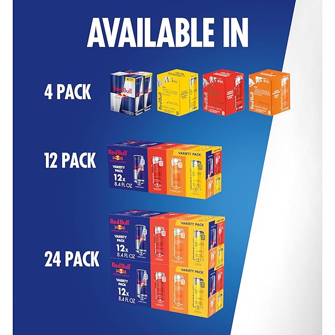 Red Bull Energy Drink Variety Pack, Red, Yellow & Amber, with 80mg Caffeine plus Taurine & B Vitamins, 8.4 Fl Oz, Pack of 24 Cans