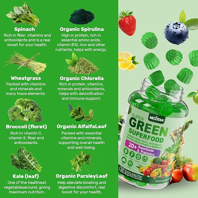 Super Greens Gummies, Greens Superfood Powder Alternative w/Spirulina, Chlorella, Prebiotic Fiber, Probiotic, Fruit Veggie, Daily Fruit Vegetable for Digestive & Gut Health, Immunity, Focus, 120 Cts