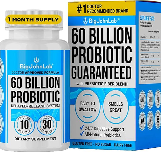 BIGJOHNLAB® Probiotics 60 Billion CFU – 10 Strains + Organic Prebiotics – Immune, Digestive & Gut Health – Supports Occasional Constipation, Diarrhea, Gas & Bloating – for Women & Men – 30ct