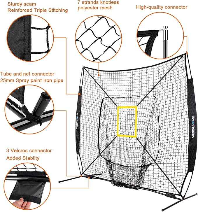 Storgem Baseball and Softball Practice Net 7×7ft Portable Hitting Pitching Batting Training Net Baseball Backstop Net with Batting Tee and Strike Zone and Bow Frame