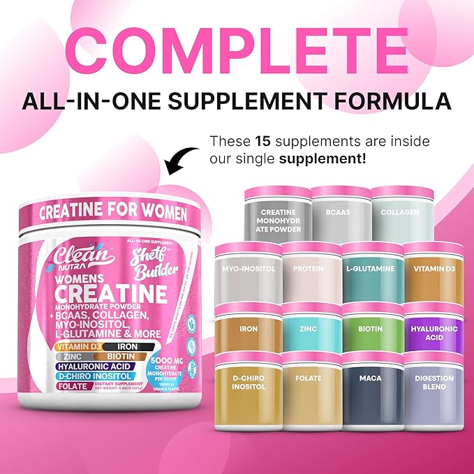 Creatine for Women | Creatine Monohydrate + BCAA Powder Myo-Inositol Collagen Biotin Hyaluronic Acid Folate L Glutamine Vitamin D3 Iron Zinc D-Chiro-Maca Digestion Shelf Builder by Clean Nutra