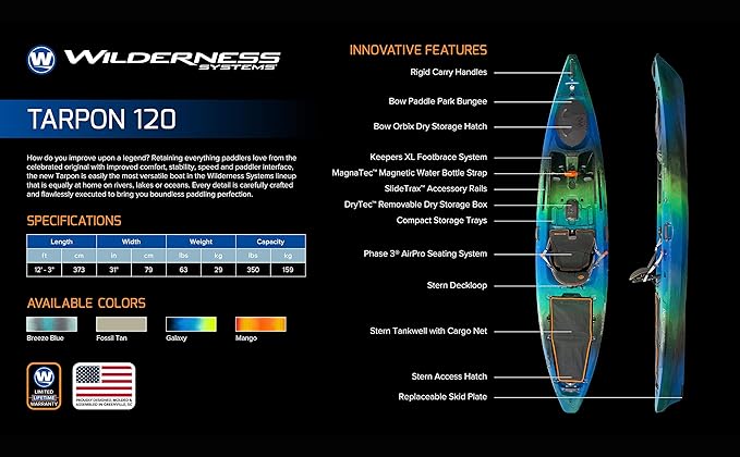 Wilderness Systems Tarpon 120 - Sit on Top Fishing Kayak - Premium Angler Kayak - Adjustable and Designed Seat - 12.3 ft