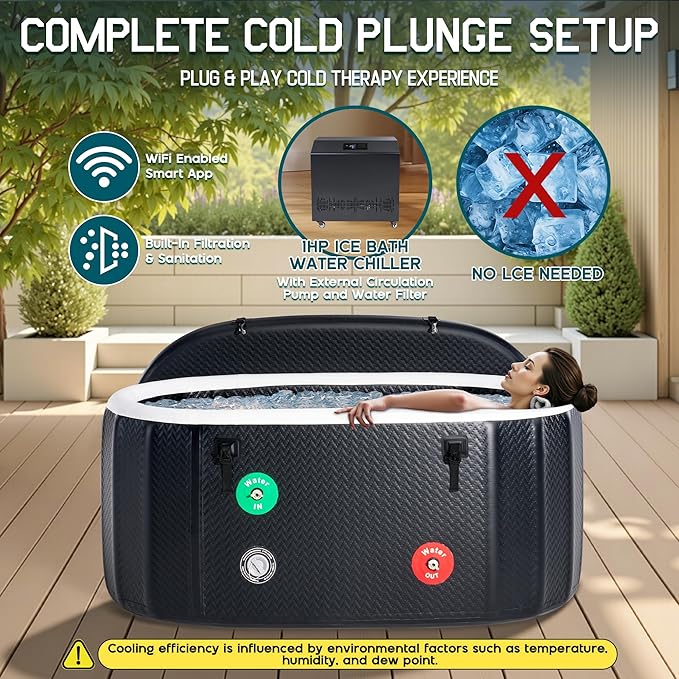 Albott Cold Plunge Tub with 1HP Chiller, Inflatable Ice Bath Tub with App Control, UV/Ozone System, Insulated Lid & Wheels, Full-Body Recovery Tub for Athletes, 150 Gal, 59"x32"x28"