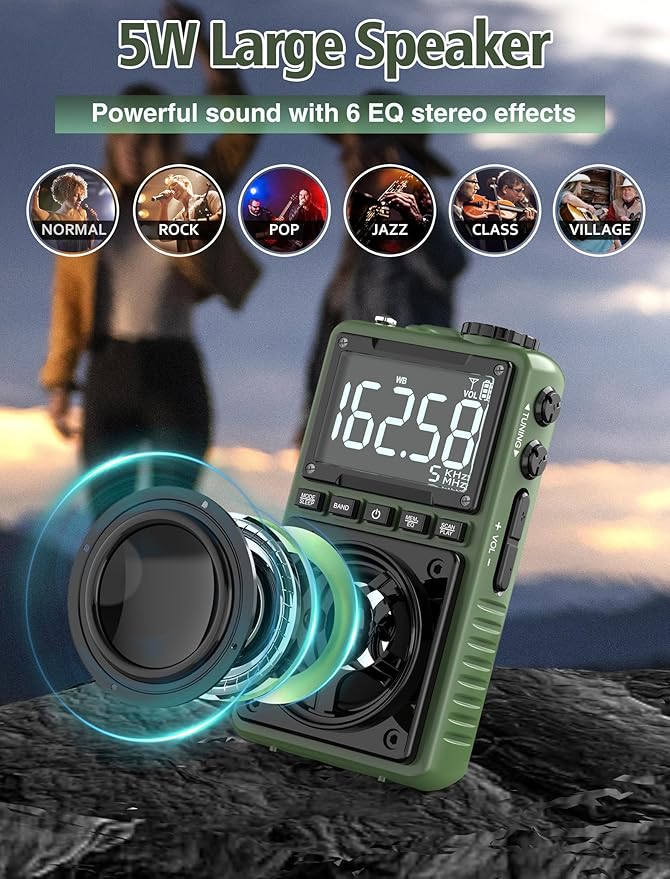 Bluetooth AM FM Shortwave Radio with NOAA Weather Alert,1250mAh Rechargeable Portable Pocket Radio with Best Reception,5W Big Speaker, Digital Tuner and Earphone,Support SD Card and USB MP3 Player