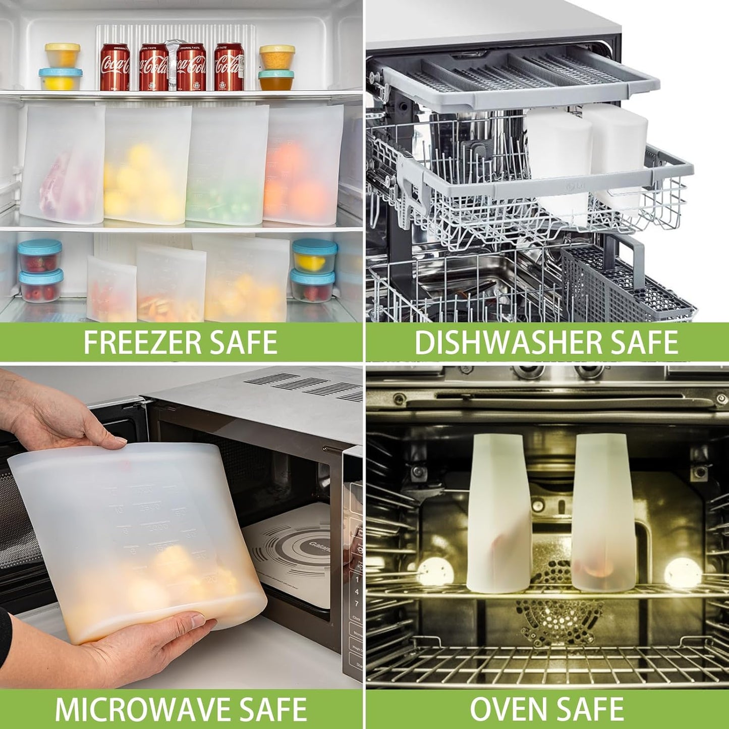 Reusable Storage Bags Extra Large, 0.8 Gallon/101 fl.oz/3000 ml, 4 Pack 100% Silicone Food Storage Bags Stand Up Zip Lock for Large Food Items, Freezer Microwave Oven Dishwasher Safe, Translucent