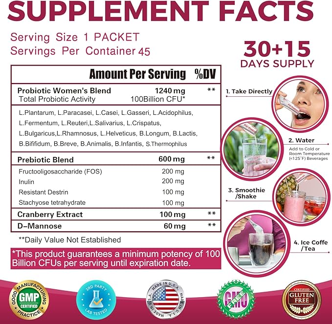 ZEBORA Probiotics-for-Women 100-Billion-CFUs with Prebiotics, D-Mannose & Cranberry for Digestive, Immune, Feminine UT Health Support, Ultimate Probiotic Women's Care, Soy & Gluten Free, 45 Packets
