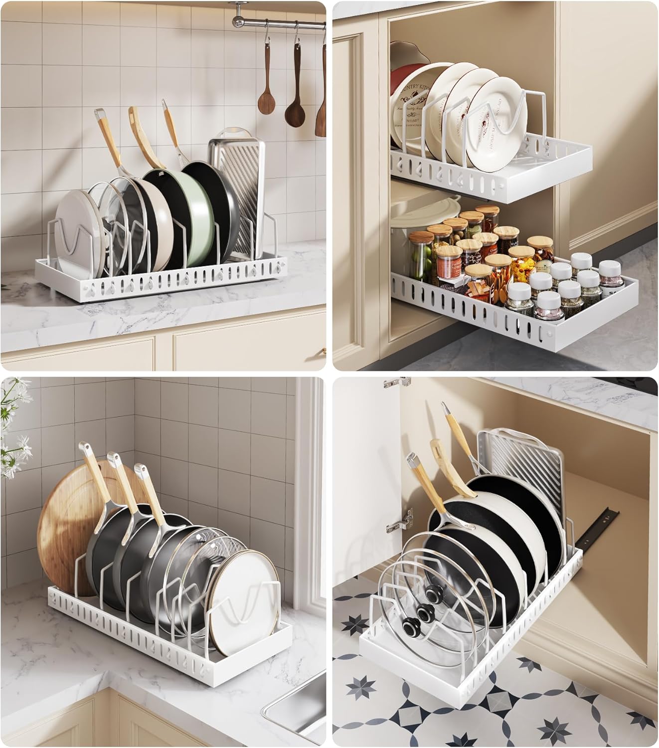 Pull Out Pots and Pans Organizer Under Cabinet, Sliding Lid Holder and Pan Rack in Kitchen, Slide Out inside Cabinet Storage for Pot Lid, Bakeware, Dishes, 6 Adjustable Dividers, 1 Pack White