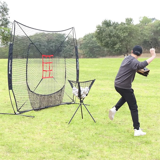 Storgem Baseball and Softball Practice Net 7×7ft Portable Hitting Pitching Batting Training Net Baseball Backstop Net with Batting Tee and Strike Zone and Bow Frame