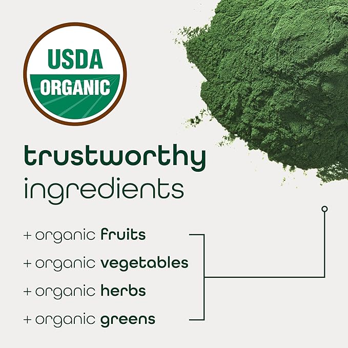 Zena Nutrition Organic Super Greens Powder, 70+ Superfoods, 0 Sugar, 3G Fiber, Spirulina, Chlorella, Antioxidants, Prebiotics/Probiotics, Digestive Enzymes, Green Apple, 30 Servings