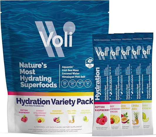 Voli Electrolytes Powder Packets | No Added Sugar Electrolyte Drink Mix for Hydration | Keto & Fasting Friendly, Natural Superfoods & Minerals | Variety Pack, 15-Count