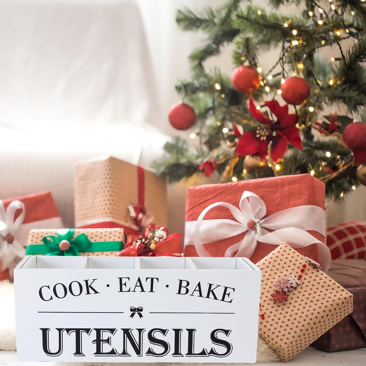 Utensil Holder,Extra Large Wooden Utensil Holder For Kitchen Counter,Cooking Spatula Organizer,Big Storage Caddy With 4 Compartments Flatware Spoon Tool Cutlery(White)