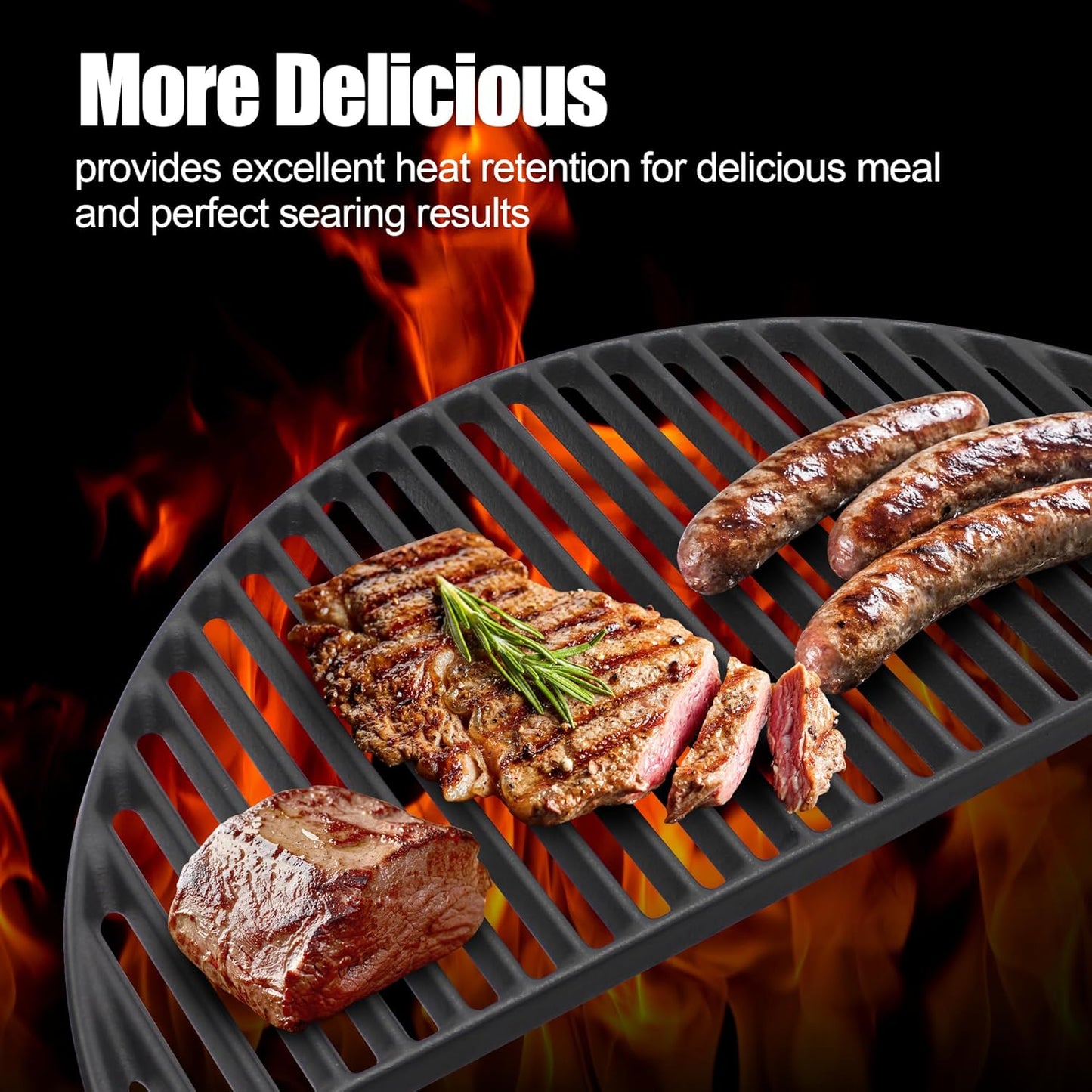 BBQ-PLUS 18" Half Moon Cast Iron Reversible Cooking Grate for Kamado Joe KJ-23RHC Classic II, KJ23NRHCI Classic III, KJ23RH Classic I, Stand-Alone Classic, Large Big Green Egg